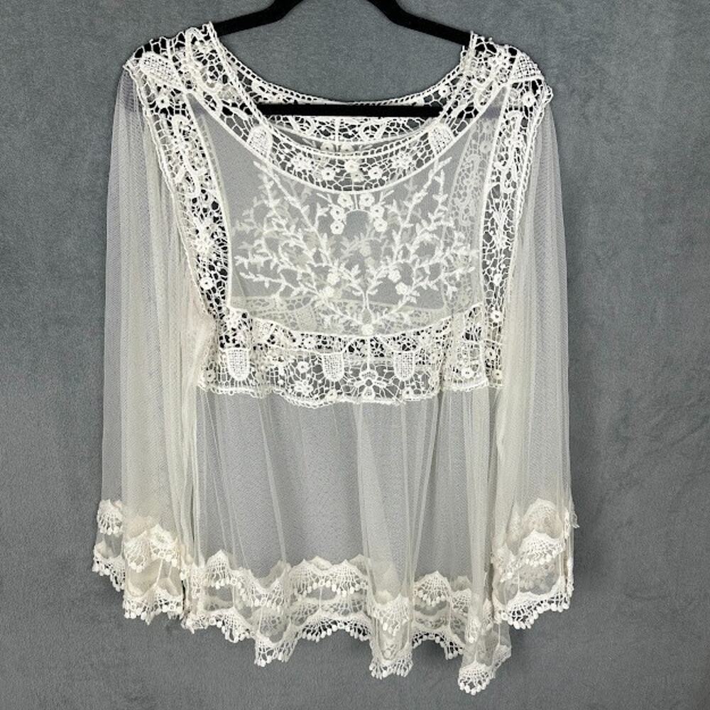 Le Dor Top Womens Medium Cream Lace Crochet Sheer Boho Peasant Romantic Whimsy